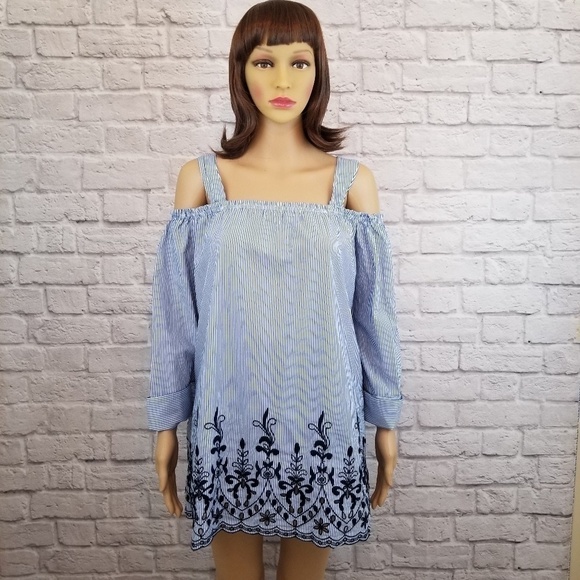 Zara Trafaluc blue white striped cold shoulder top - Picture 6 of 8